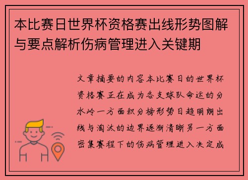 本比赛日世界杯资格赛出线形势图解与要点解析伤病管理进入关键期